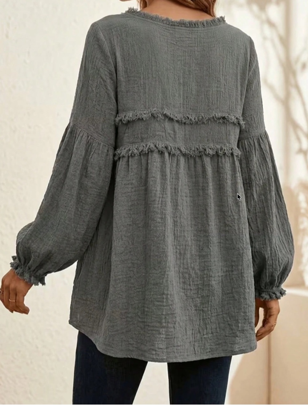 Solid Textured Round Neck Frayed Detail Long sleeve Top - Picture 7 of 12